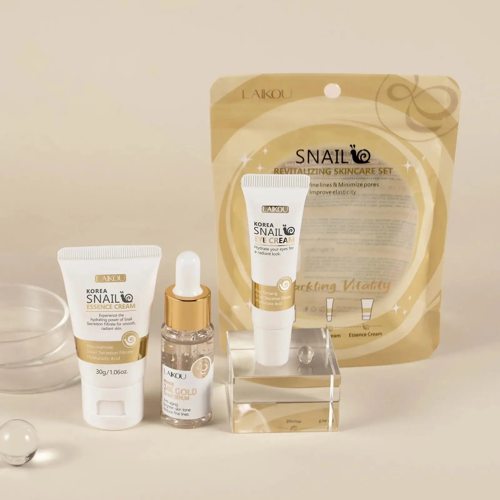 Luxury Skincare Moisturizer - 24Kゴールドスネイルリペアセラムアイクリームエッセンスセット 保湿、小じわを滑らかに、毛穴を小さくする 高級スキンケア