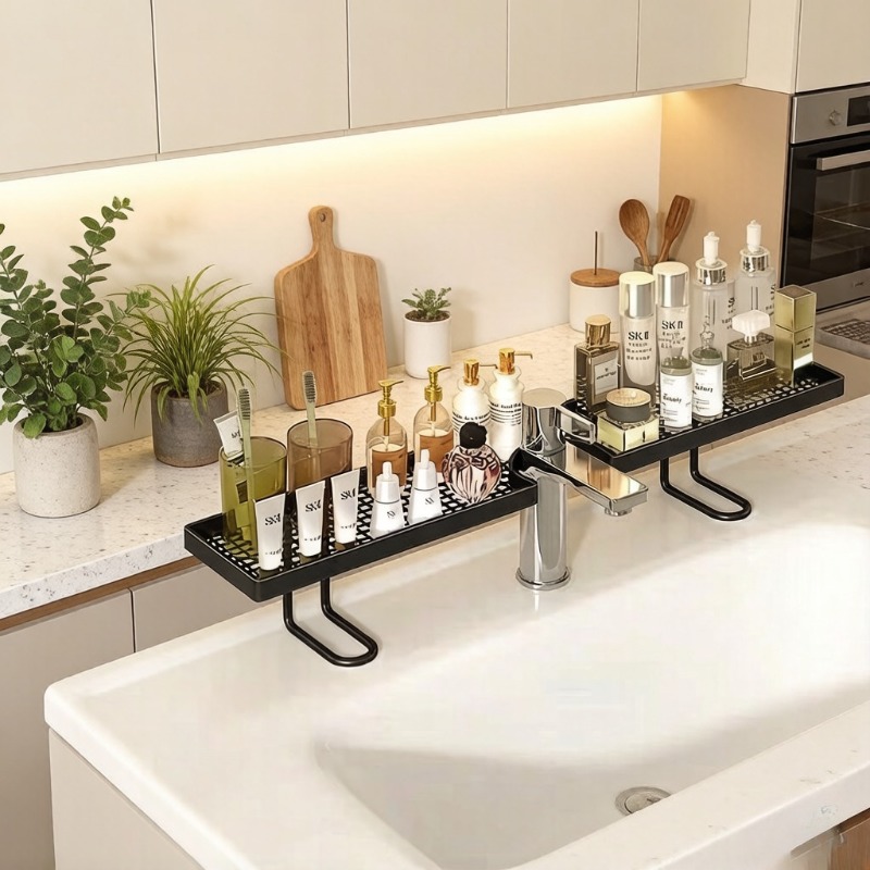 Luxury Skincare Organizer - 高級感のあるシンプルなシンク収納ラック、工具不要の洗面台オーガナイザー（トイレタリー、スキンケア用品用）