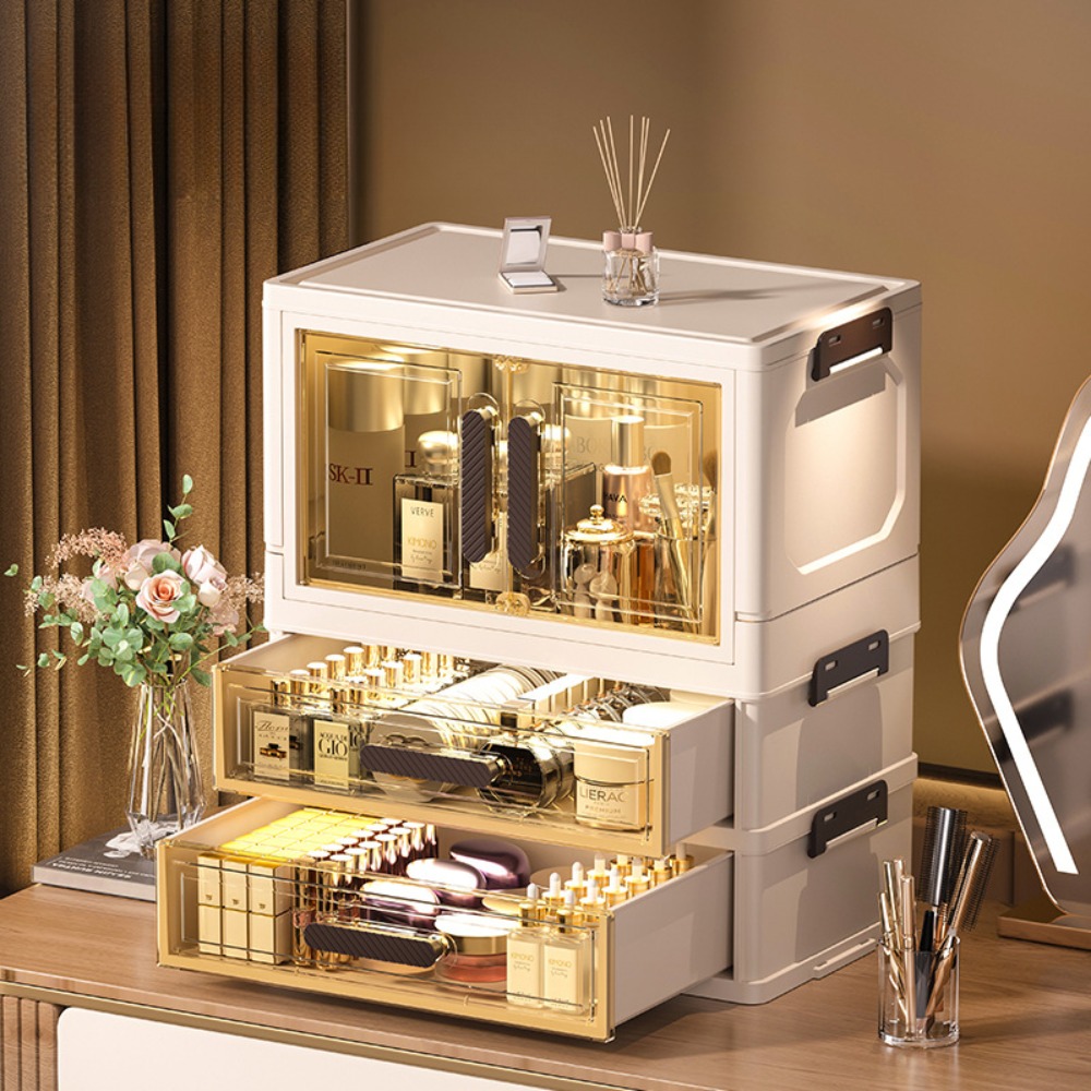 Luxury Skincare Organizer - 多機能3段化粧品オーガナイザー、折りたたみ式メイクアップオーガナイザー、デスクトップドレッサー、オーガナイザー引き出し、積み重ね可能&防塵デザイン