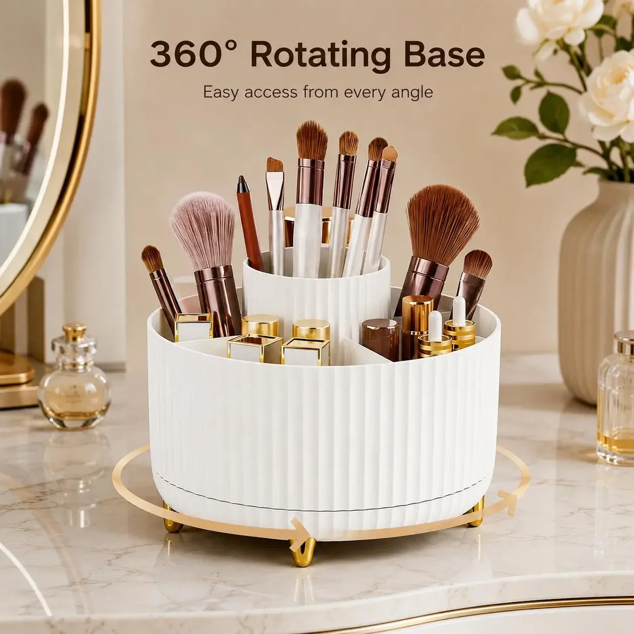 360度回転式メイクアップオーガナイザー 高級ストライプコス - Luxury Skincare Organizer のレビューと価格