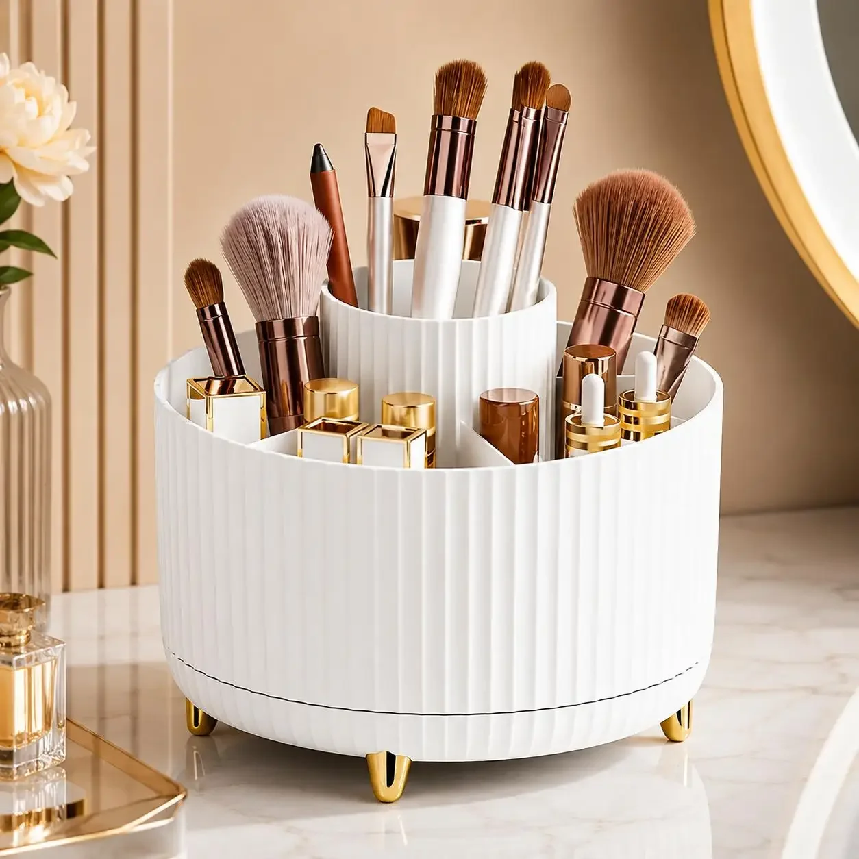 360度回転式メイクアップオーガナイザー 高級ストライプコス - Luxury Skincare Organizer のレビューと価格